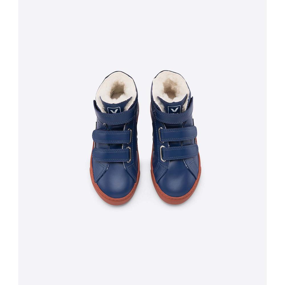 Veja ESPLAR MID FURED LEATHER Kids' High Tops Blue | CA 689MQZ